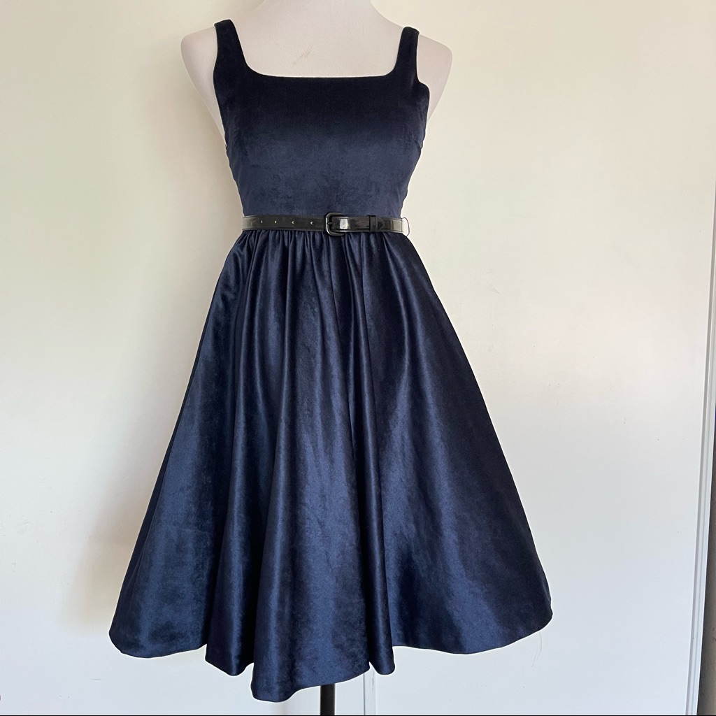 Alice & Olivia Navy Blue Square Neck Velvet Fit & Flare Belted A-Line Dress Sz 0